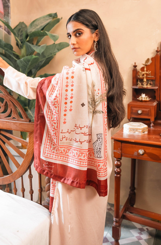 Shopmanto, wear manto, manto clothing brand, manto pakistan, ladies clothing brand, urdu calligraphy clothing, wear manto ladies women zeest hijab friendly scarf in shades of desert rust off white colour with urdu calligraphy, swiss lawn hijab scarf, urdu hijab scarf