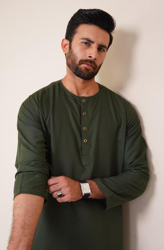 Shopmanto, wear manto, manto clothing brand, manto pakistan, ladies clothing brand, urdu calligraphy clothing, wear manto men's wear wash n wear solid 2 piece emerald green lucknow kurta pajama