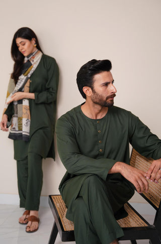 Shopmanto, wear manto, manto clothing brand, manto pakistan, ladies clothing brand, urdu calligraphy clothing, wear manto men's wear wash n wear solid 2 piece emerald green lucknow kurta pajama