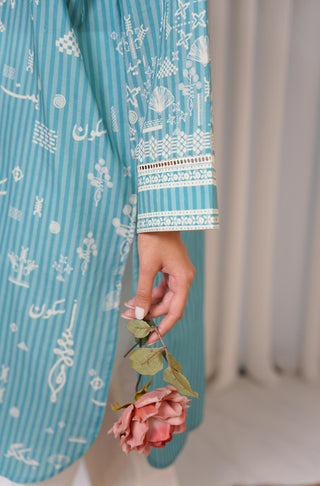 Shopmanto, wear manto, manto clothing brand, manto pakistan, ladies clothing brand, urdu calligraphy clothing, wear manto urdu calligraphy one piece lawn sea blue sukoon kurta for women, urdu kurta lawn collection, women lawn kurta