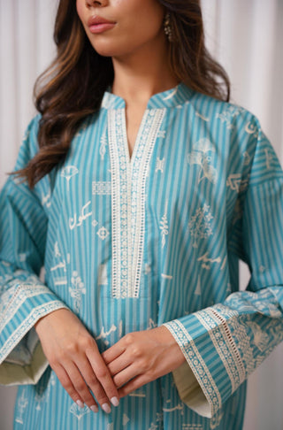 Shopmanto, wear manto, manto clothing brand, manto pakistan, ladies clothing brand, urdu calligraphy clothing, wear manto urdu calligraphy one piece lawn sea blue sukoon kurta for women, urdu kurta lawn collection, women lawn kurta