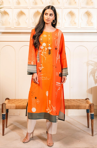 Shopmanto, wear manto, manto clothing brand, manto pakistan, ladies clothing brand, urdu calligraphy clothing, wear manto women ladies lawn kurta for spring summer, manto one piece bright orange umeed kurta with urdu calligraphy for women, spring summer season, lawn collection