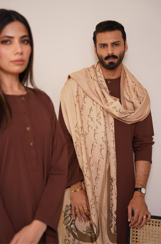 Shopmanto, wear manto, manto clothing brand, manto pakistan, ladies clothing brand, urdu calligraphy clothing, wear manto men's wear solid 2 piece cocoa brown lucknow kurta pajama, manto wash n wear lucknow kurta pajama