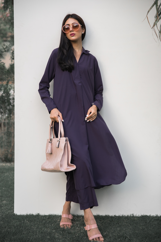 Dark Purple shirt collar Kameez/ Kurta from our Manto Mira collection. Premium quality and comfortable Manto fabric with Trouser/ Pajama Pants.