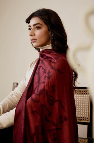 Shopmanto, wear manto, manto clothing brand, manto pakistan, ladies clothing brand, urdu calligraphy clothing, Manto urdu calligraphy unisex parvaaz weaved winter muffler stole maroon, winter collection, acrylic, wool