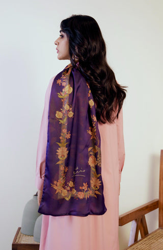 Shopmanto, wear manto, manto clothing brand, manto pakistan, ladies clothing brand, urdu calligraphy clothing, manto women purple gulnaar stole with urdu calligraphy, crepe, silk