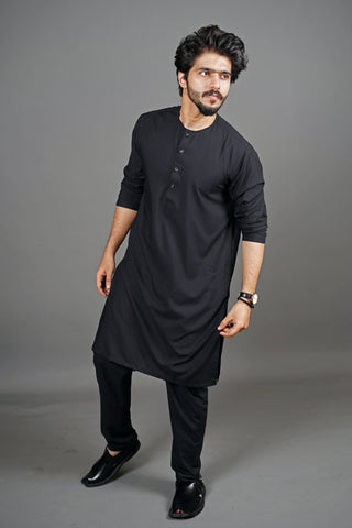 Jet Black Manto Two Piece Shalwar Kurta Suit For Men With Lucknow Collarless Design And Ultra Comfortable Material 