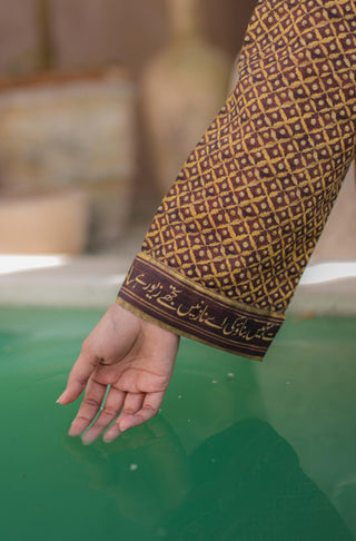 Shopmanto, wear manto, manto clothing brand, manto pakistan, ladies clothing brand, urdu calligraphy clothing, Manto Brown and Gold Women Khaddar Anmol Kurta with Urdu Calligraphy, Manto Winter Collection