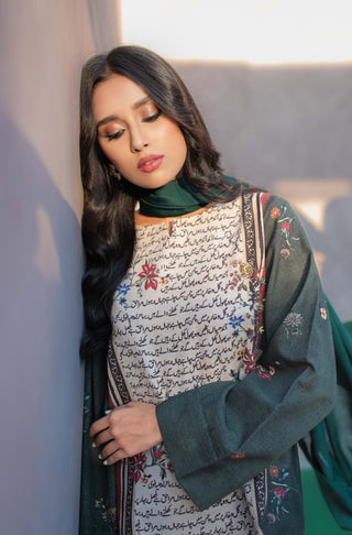 Shopmanto, wear manto, manto clothing brand, manto pakistan, ladies clothing brand, urdu calligraphy clothing, manto beige and green phool khaddar kurta with urdu calligraphy, manto winter collection, manto khaddar collection, khaddar kurtas