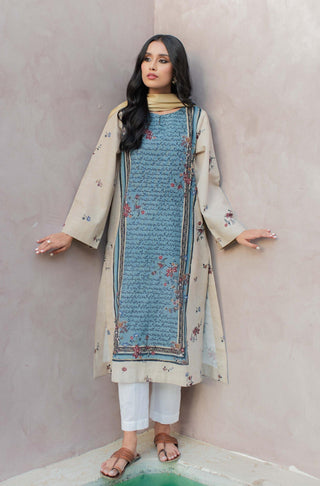 Shopmanto, wear manto, manto clothing brand, manto pakistan, ladies clothing brand, urdu calligraphy clothing, manto blue and beige phool khaddar kurta with urdu calligraphy, manto winter collection, manto khaddar collection, khaddar kurtas