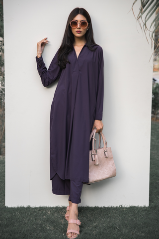 Dark Purple shirt collar Kameez/ Kurta from our Manto Mira collection. Premium quality and comfortable Manto fabric with Trouser/ Pajama Pants.