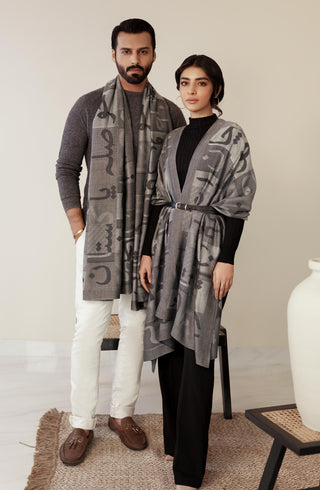 Shopmanto, wear manto, manto clothing brand, manto pakistan, ladies clothing brand, urdu calligraphy clothing, Manto urdu calligraphy unisex jazba weaved winter muffler stole Grey, winter collection, acrylic, wool