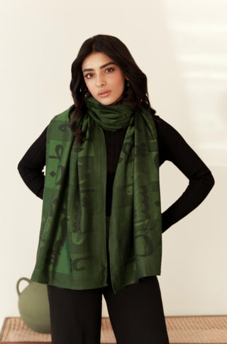 Shopmanto, wear manto, manto clothing brand, manto pakistan, ladies clothing brand, urdu calligraphy clothing, Manto urdu calligraphy unisex jazba weaved winter muffler stole Green, winter collection, acrylic, wool