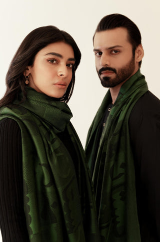 Shopmanto, wear manto, manto clothing brand, manto pakistan, ladies clothing brand, urdu calligraphy clothing, Manto urdu calligraphy unisex jazba weaved winter muffler stole Green, winter collection, acrylic, wool