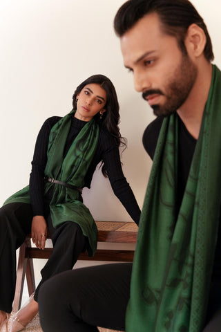 Shopmanto, wear manto, manto clothing brand, manto pakistan, ladies clothing brand, urdu calligraphy clothing, Manto urdu calligraphy unisex parvaaz weaved winter muffler stole Green, winter collection, acrylic, wool