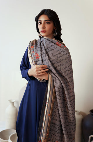 Shopmanto, wear manto, manto clothing brand, manto pakistan, ladies clothing brand, urdu calligraphy clothing, manto urdu calligraphy women phool odhni blue and beige dupatta shawl, manto scarves, manto stole, manto odhnis