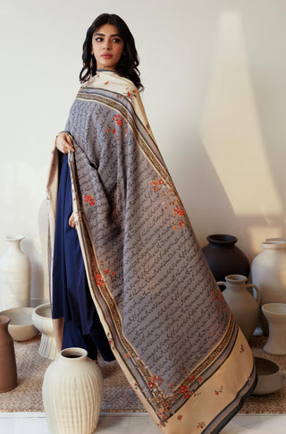 Shopmanto, wear manto, manto clothing brand, manto pakistan, ladies clothing brand, urdu calligraphy clothing, manto urdu calligraphy women phool odhni blue and beige dupatta shawl, manto scarves, manto stole, manto odhnis