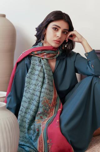 Shopmanto, wear manto, manto clothing brand, manto pakistan, ladies clothing brand, urdu calligraphy clothing, manto urdu calligraphy women phool odhni teal and magenta dupatta shawl, manto scarves, manto stole, manto odhnis